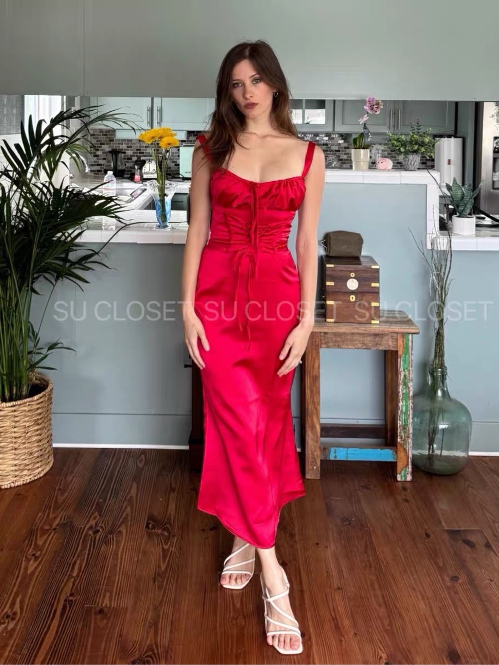 House of CB Red Satin Midi Dress